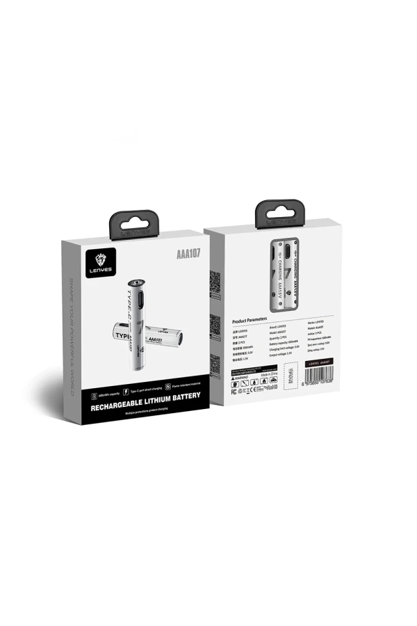 Lenyes AAA107 Type-C Şarj Portlu Şarj Edilebilir AAA Lityum-ion Pil 600mWh 1.5V 2 Adet